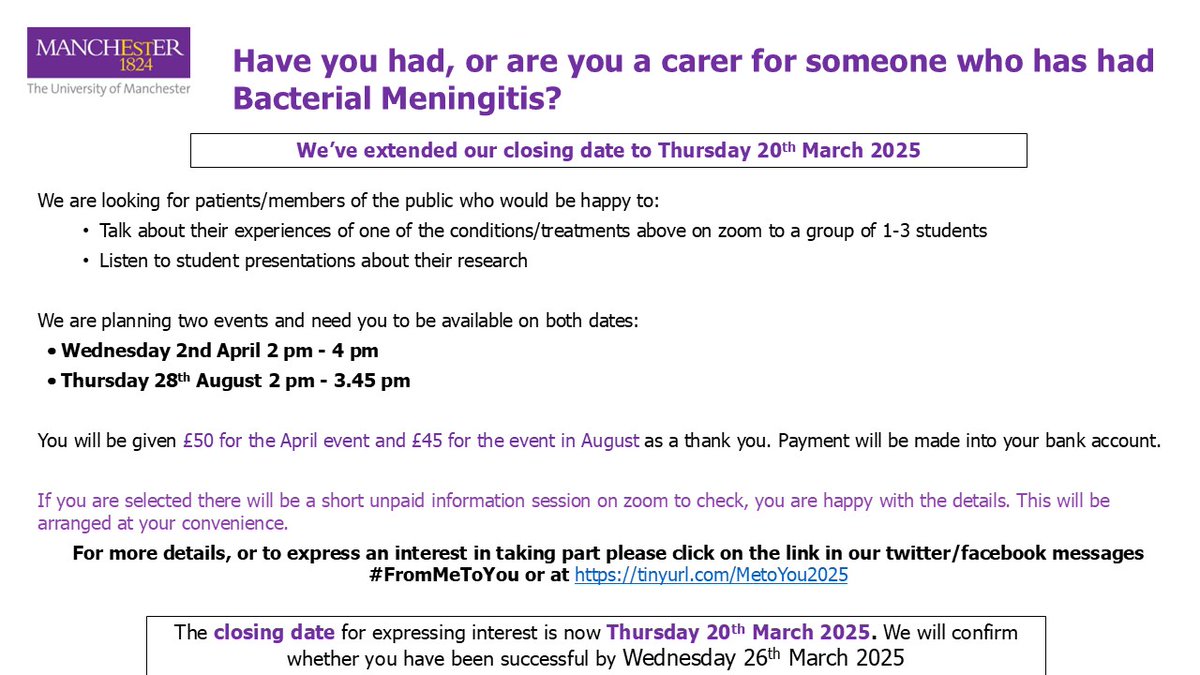 LindseyBwork's tweet image. Deadline 20th March. We are looking for people who would be willing to talk about their experiences of Bacterial Meningitis with 1-2 masters level students. - See below and visit tinyurl.com/MetoYou2025 for more information and to apply. #FromMeToYou