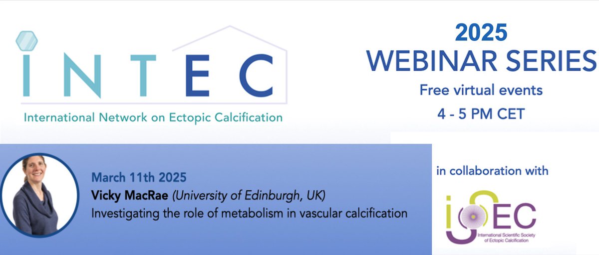 Our next <a href="/intec/">intec</a> @issec webinar on “Investigating the role of metabolism in vascular calcification” by Vicky MacRae is planned today <a href="/4pm/">4pm</a> CET. 
Still time to register
More info on the website👇🏻

itnintec.com/webinarseries/