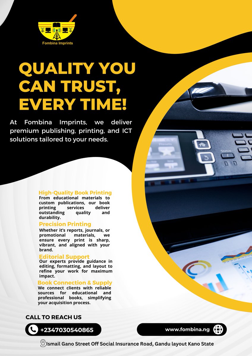 Looking for top-tier printing and publishing services that are fast, reliable, and affordable? Look no further! At Fombina Imprints, we bring your ideas to life with precision and excellence.
+2347030540865
Learn More: fombina.ng