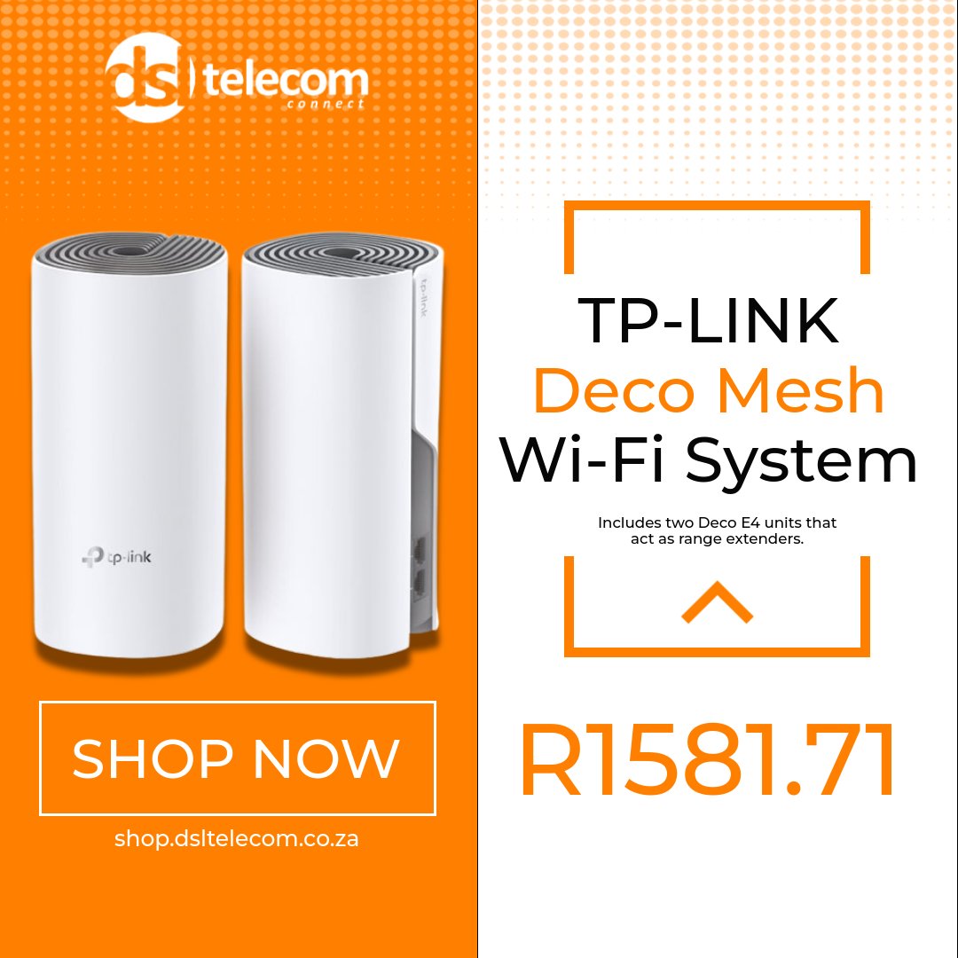 DslTelecom's tweet image. Say goodbye to Wi-Fi dead zones with the TP-Link Deco E4 Mesh System!

✅Seamless whole-home coverage
✅ Dual-band AC1200 speeds
✅ Easy setup via the Deco app

Stay connected everywhere in your home! 

Order now: shop.dsltelecom.co.za  #DSLTelecom #DecoMesh #WiFiExtender