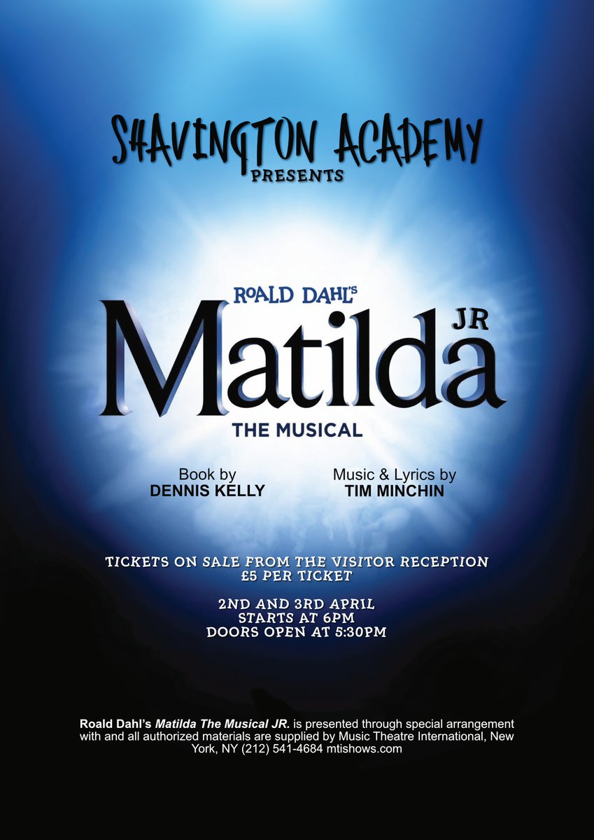Shavington Academy is pleased to confirm the dates for our forthcoming musical performance of Roald Dahl's 'Matilda'  on 2nd and 3rd April with tickets priced at £5.  It promises to be a great show; as Matilda herself says "Never do anything by halves..." #SAShow #SAMatilda