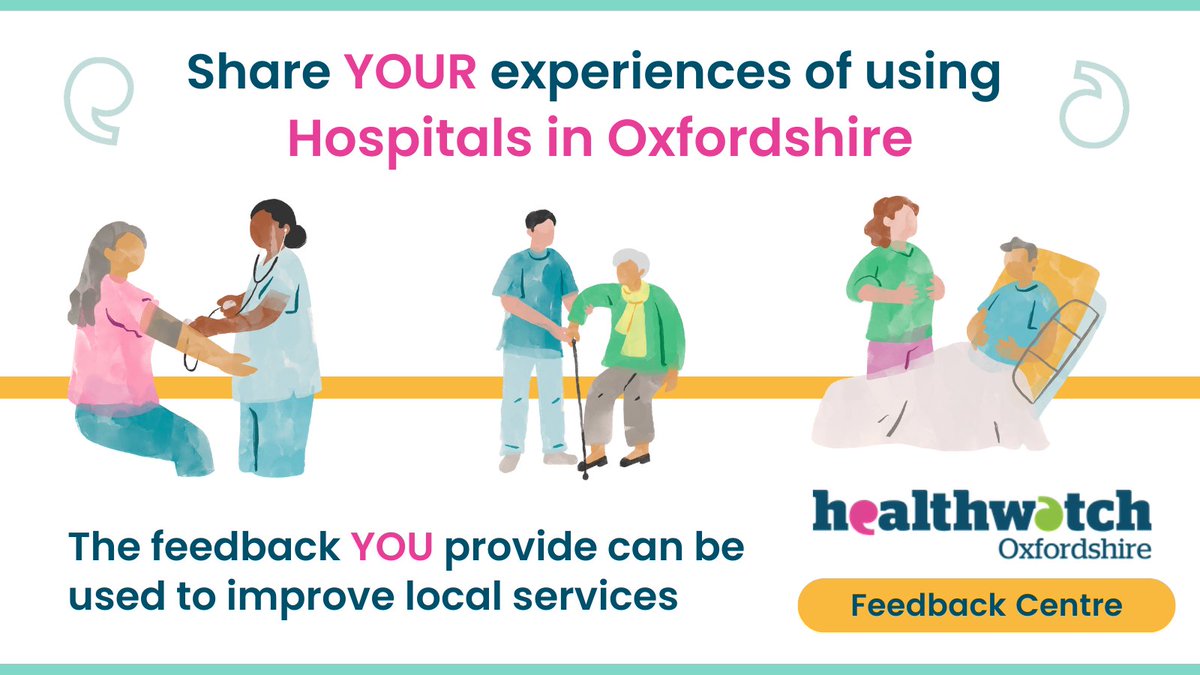 Tell us about your experiences of hospitals in #Oxfordshire.  
We send anonymous feedback onto <a href="/ouhospitals/">OUH</a> and <a href="/OxfordHealthNHS/">Oxford Health NHS FT</a> so they can see what worked well and what could be better for patients.  
Leave a short review in our Feedback Centre: healthwatchoxfordshire.co.uk/services/?filt…