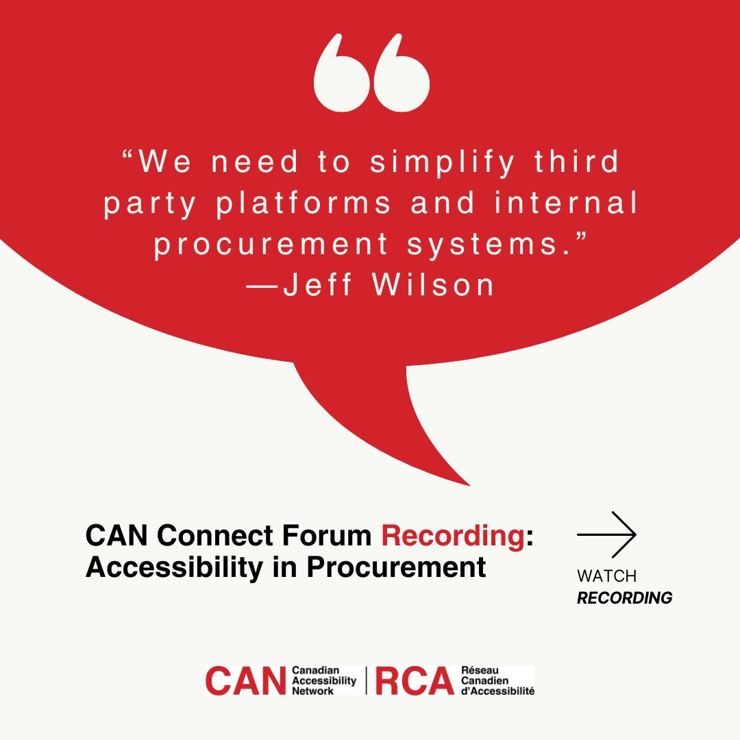 "We need to simplify third party platforms and internal procurement systems." - Jeff Wilson reminded us during a CAN Connect Forum on Accessibility in Procurement we held in celebration of #NationalProcurementMonth in 2022.

Watch the recording at: youtube.com/watch?v=rlUNTI…