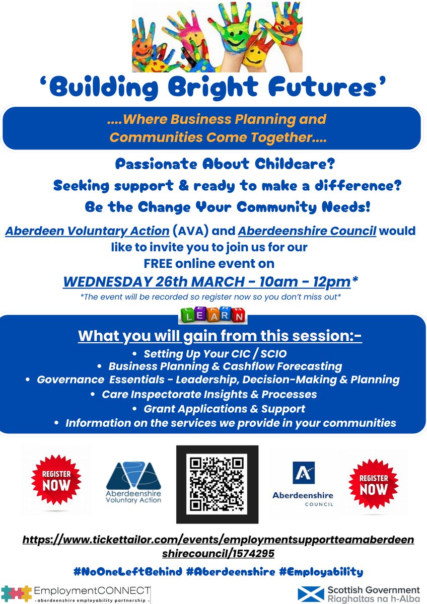 Aberdeenshire Voluntary Action (@avashire) on Twitter photo Passionate about childcare? Want to make a difference in your community but need support to get started? Join this session with AVA and <a href="/Aberdeenshire/">Aberdeenshire Council</a> and have an answer to all of your questions.
📅 26th March
🕰 10am-12pm
📍 Online
Register here
tickettailor.com/.../employment… Passionate about childcare? Want to make a difference in your community but need support to get started? Join this session with AVA and <a href="/Aberdeenshire/">Aberdeenshire Council</a> and have an answer to all of your questions.
📅 26th March
🕰 10am-12pm
📍 Online
Register here
tickettailor.com/.../employment…