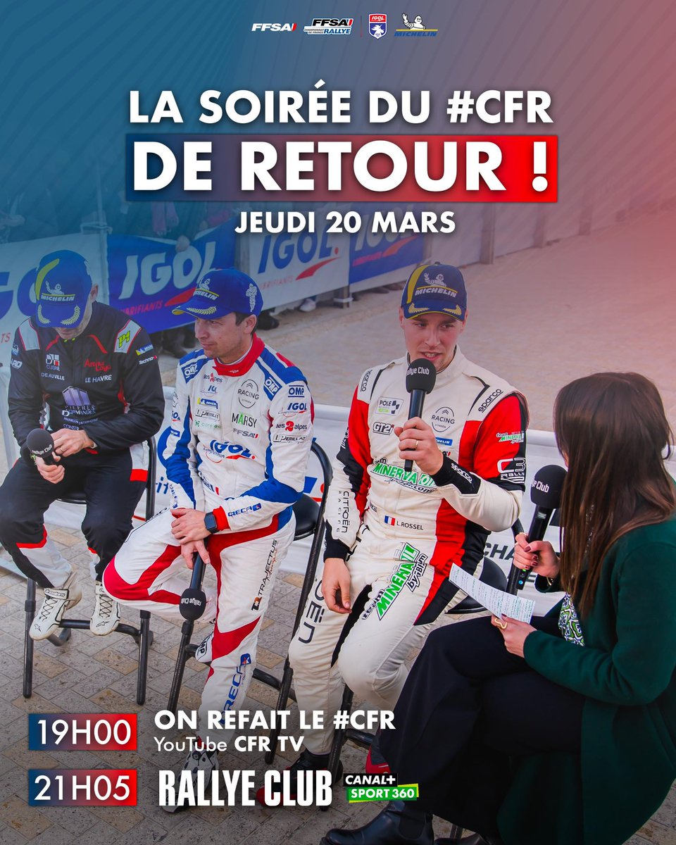 CF Rallye (@cfrallye) on Twitter photo La soirée du #CFR est de retour !
Votre programme du jeudi 20 mars pour revivre le Rallye Le Touquet Pas-de-Calais :
💻 19h00 : On Refait le CFR sur notre chaîne YouTube CFR TV.
📺 21h05 : Votre émission incontournable, Rallye Club, sur <a href="/CanalplusSport/">CANAL+ Sport</a> 360. La soirée du #CFR est de retour !
Votre programme du jeudi 20 mars pour revivre le Rallye Le Touquet Pas-de-Calais :
💻 19h00 : On Refait le CFR sur notre chaîne YouTube CFR TV.
📺 21h05 : Votre émission incontournable, Rallye Club, sur <a href="/CanalplusSport/">CANAL+ Sport</a> 360.