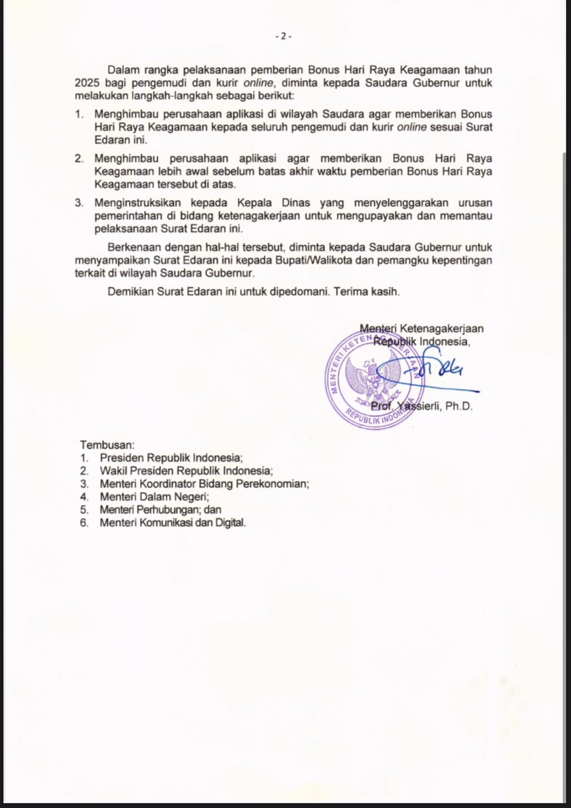 Begitu juga dengan SE BHR (Bonus Hari Raya) untuk pengemudi dan kurir pada layanan kurir berbasis aplikasi.