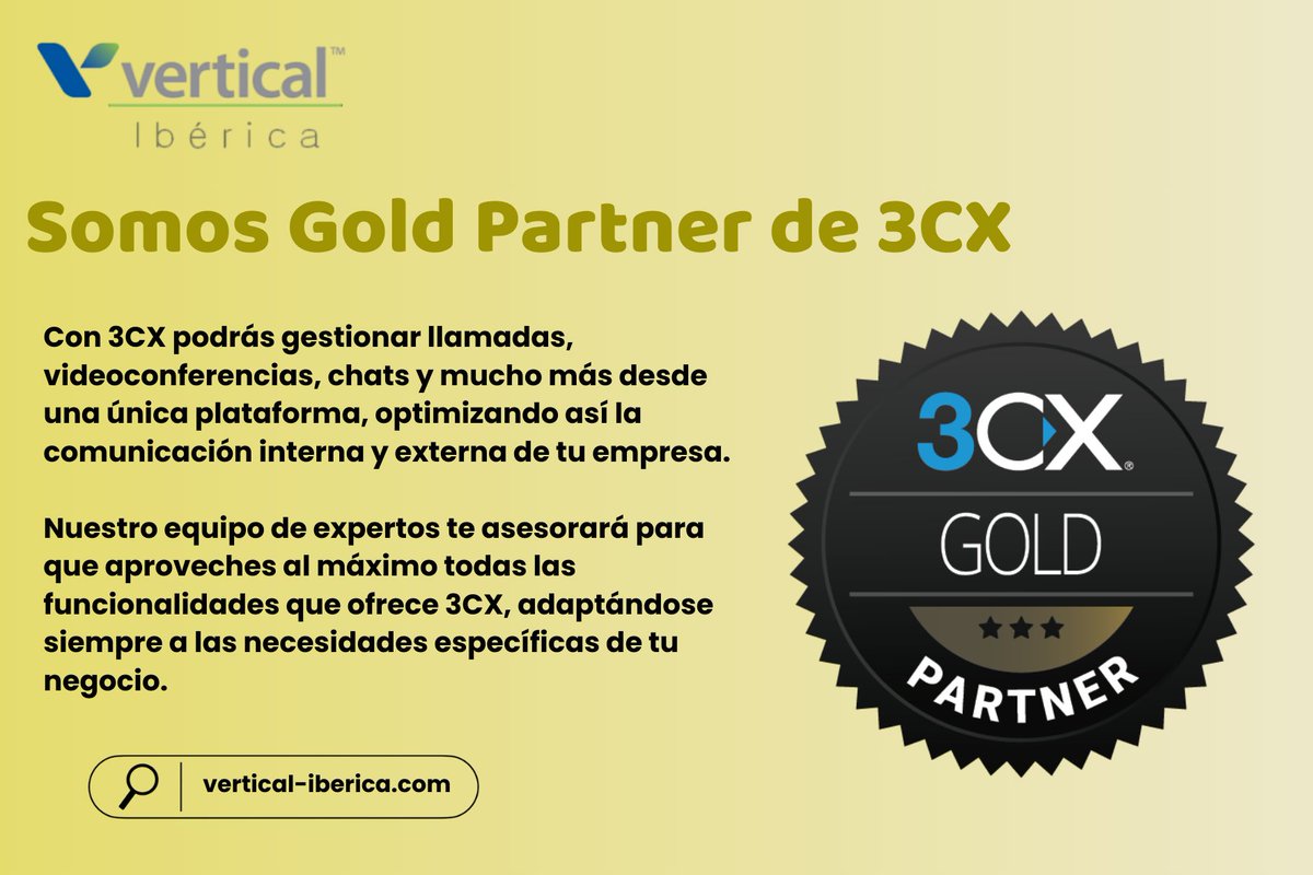 Vertical Iberica (@verticalcom_ib) on Twitter photo 📣 ¡En Vertical Ibérica somos Gold Partner de <a href="/3CX_IberiaLatam/">3CX Iberia & Latam</a> ! 🚀
Te ayudamos a gestionar llamadas, videoconferencias y chats desde una sola plataforma, optimizando la comunicación de tu empresa.
🔎 Descubre más en 👉 vertical-iberica.com/centralita-nub…
#Tecnología #Empresa #FelizMartes 📣 ¡En Vertical Ibérica somos Gold Partner de <a href="/3CX_IberiaLatam/">3CX Iberia & Latam</a> ! 🚀
Te ayudamos a gestionar llamadas, videoconferencias y chats desde una sola plataforma, optimizando la comunicación de tu empresa.
🔎 Descubre más en 👉 vertical-iberica.com/centralita-nub…
#Tecnología #Empresa #FelizMartes