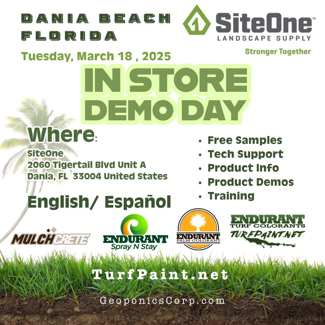 🚨 Dania Beach Turf and Landscape Pros – Don’t Miss This! 🚨

📢 Landscapers, Golf Course Supers &amp; Sports Turf Managers! Get ready for an epic in-store demo day featuring Endurant colorants!

🔥 Join us at SiteOne Dania Beach on Tuesday, March 18, 2025!
🕢 Time: 7:30 AM – 2:00 PM