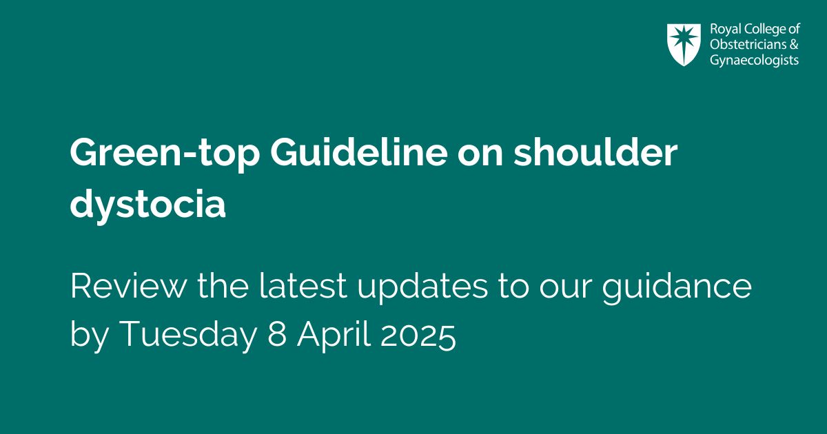 The RCOG’s latest update to the Green-top Guideline on shoulder dystocia is now available for consultation. 

The draft will be open for comments until midnight (UK time) on Tuesday 8 April 2025. Please submit your feedback here: brnw.ch/21wRflK