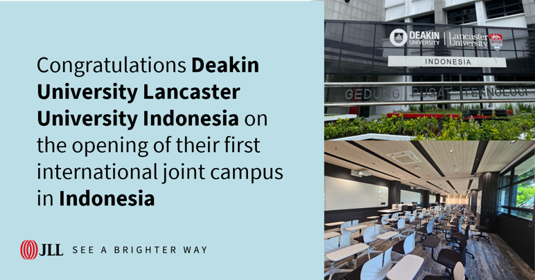 JLLIndonesia's tweet photo. We have successfully assisted Deakin University Lancaster University Indonesia finding a location for their first international joint campus in Indonesia.
Need a perfect location for your business? talk to our expert: https://t.co/0syZ7c33DH

#JLLIndonesia #Deakin #Lancaster https://t.co/bWcWLfoT1n