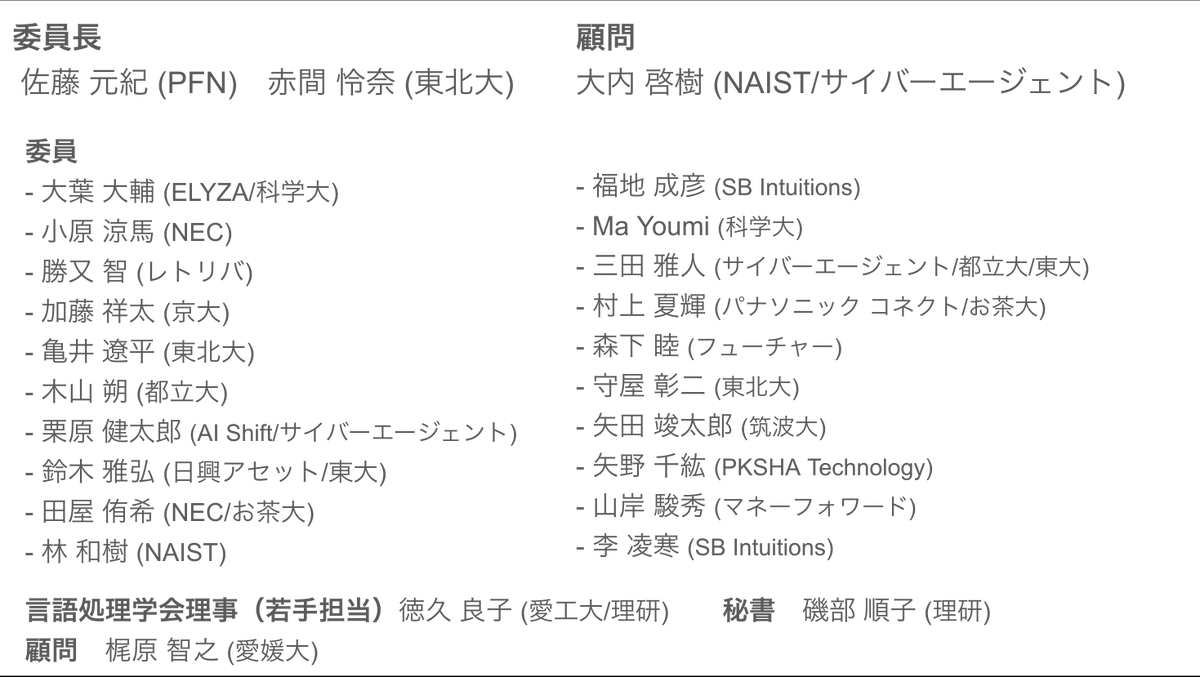2025年度からは，Preferred Networksの佐藤と東北大学の赤間を委員長として以下のメンバーで運営いたします．
YANSが皆様にとってよりよい交流の場となるように委員一同尽力してまいります． 
どうぞよろしくお願いいたします🙇
委員のプロフィールはこちら📷 yans.anlp.jp/entry/yans2025…