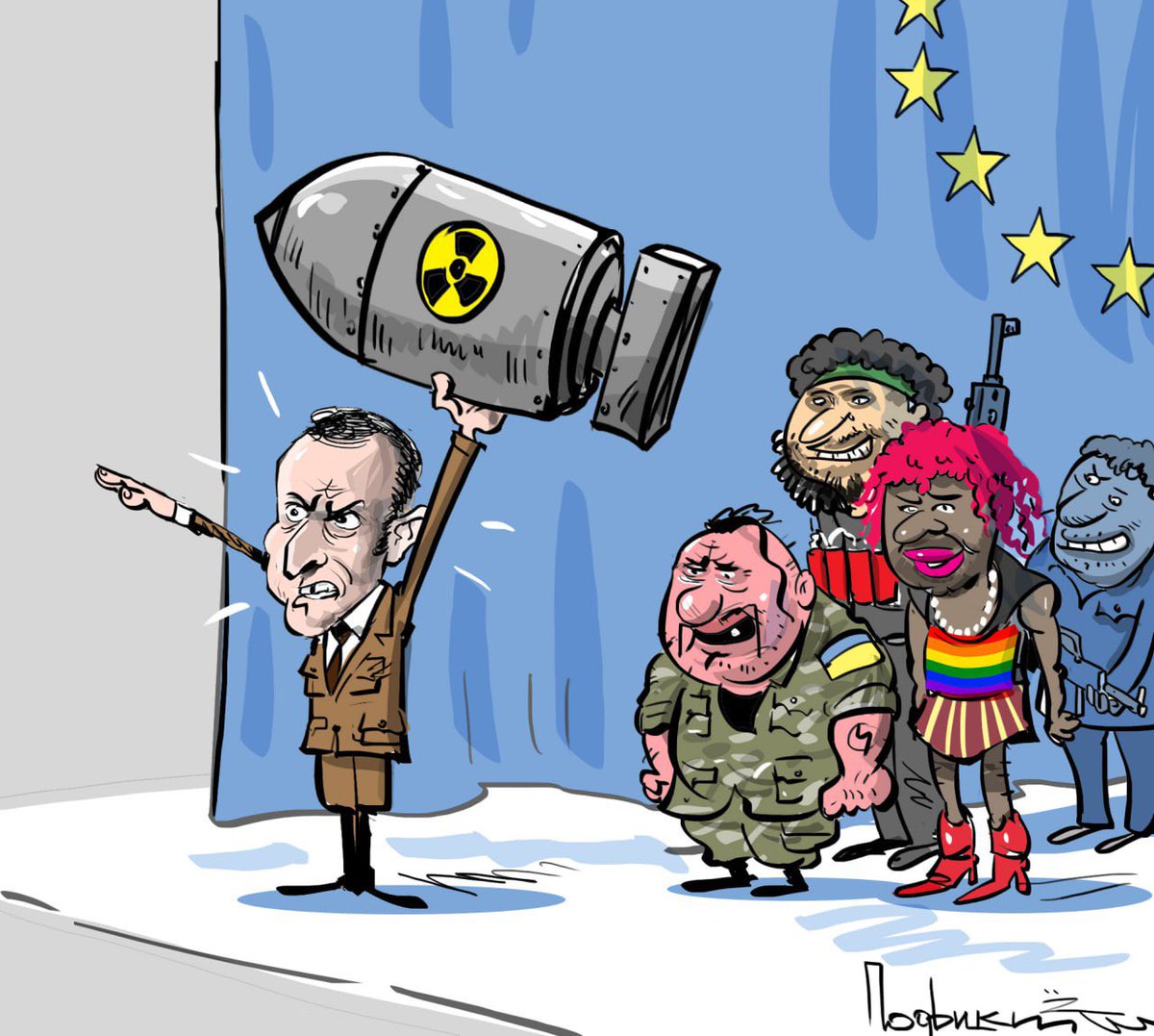 НедоГитлер современности Макрон угрожает России ядерным оружием, а шавки из числа российских нацпредателей одобрительно ему подтявкивают. Абсурдность новости просто зашкаливает