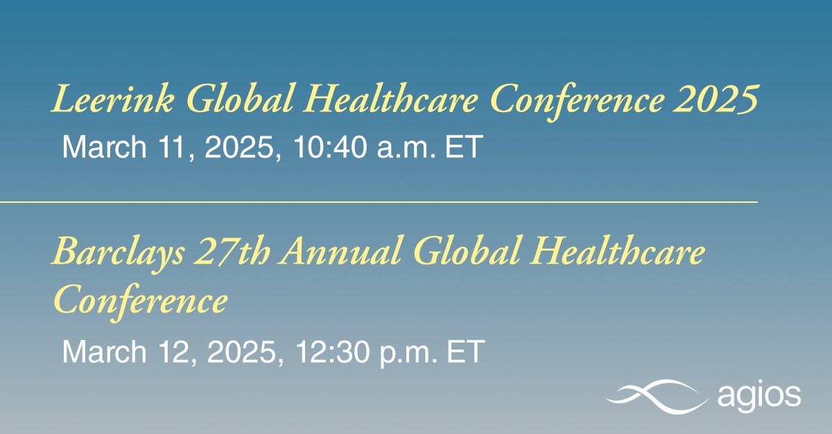 AgiosPharma's tweet image. #AgiosNews: This week, members of our Leadership Team will attend and present at the Leerink Global Healthcare Conference 2025 and the Barclays 27th Annual Global Healthcare Conference. We will provide key updates on our 2025 strategic priorities and engage investors in…