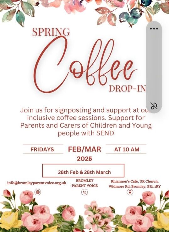 Bromley Mencap (@bromleymencap) on Twitter photo Join <a href="/BPVForum/">Bromley Parent Voice</a> Coffee Mornings for SEND Parents & Carers.
Friday 28th March at Rhiannon's Cafe, Bromley UR Church, Widmore Rd, BR1 1RH from 10 - 11:30am. Get support ☕ Join <a href="/BPVForum/">Bromley Parent Voice</a> Coffee Mornings for SEND Parents & Carers.
Friday 28th March at Rhiannon's Cafe, Bromley UR Church, Widmore Rd, BR1 1RH from 10 - 11:30am. Get support ☕