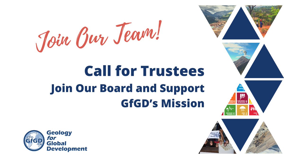 Geology for Global Development is recruiting new Trustees to join our Board. This is an opportunity to support our mission of mobilising and reshaping the geology community to advance the UN Sustainable Development Goals. 🧵1/5