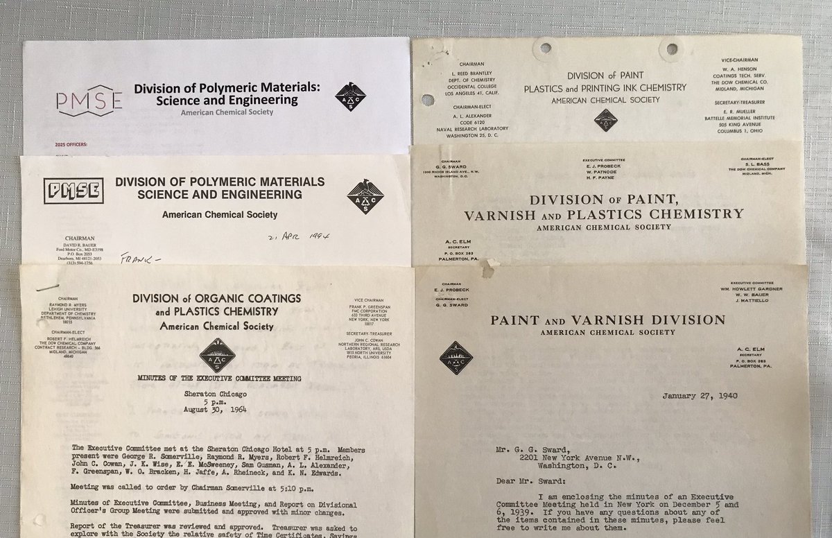 Lisa Baugh (@lisasbaugh) on Twitter photo PMSE history, Week 8: Letterhead evolution over the years (bottom right to middle left) shows the five Divisional names by which <a href="/acspmse/">ACS PMSE Division</a> has been known. At top left, our current letterhead features the Division’s maroon and black colors and logo, adopted in 2016. PMSE history, Week 8: Letterhead evolution over the years (bottom right to middle left) shows the five Divisional names by which <a href="/acspmse/">ACS PMSE Division</a> has been known. At top left, our current letterhead features the Division’s maroon and black colors and logo, adopted in 2016.