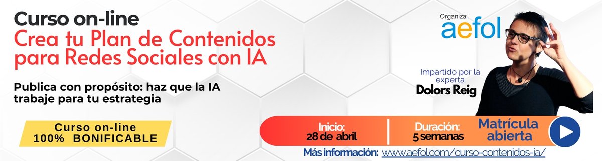 joeldoncel2007's tweet image. 🚀El 84% de las marcas usa IA, pero solo el 15% obtiene resultados reales.

📅 Curso &quot;Contenidos con IA&quot; con Dolors Reig, 28 abril 2025. 5 semanas 100% online.

✅Técnicas avanzadas y aplicación de IA en tu estrategia digital. [FUNDAE]

👉 Más en: aefol.com/curso-contenid…

@AEFOL