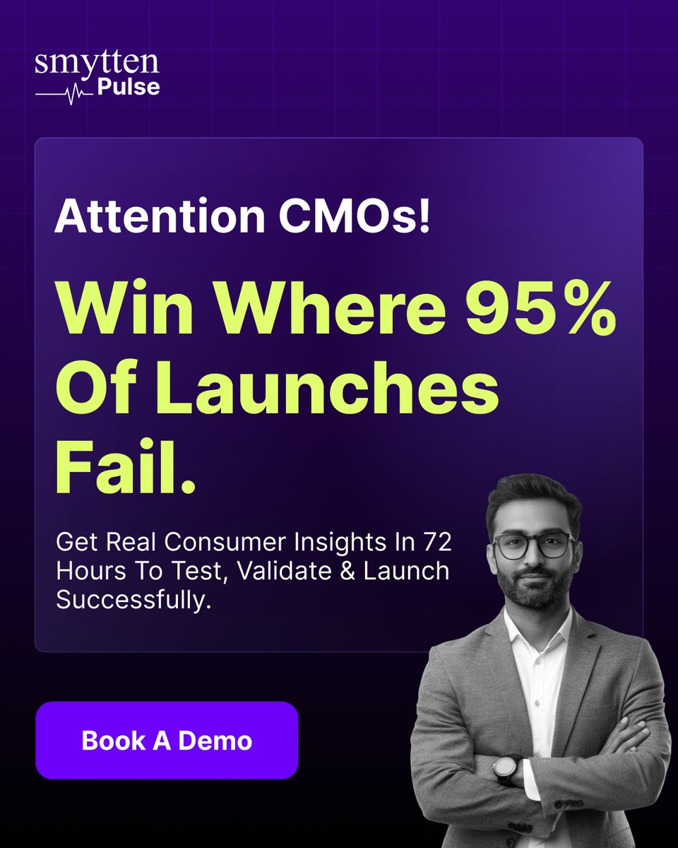 Every year, 30,000+ products launch, but only 5% succeed. The difference? Real consumer insights.

With Smytten Pulse, get real insights in 72 hrs to test, validate &amp; optimize your product.

Book a Demo: 2ly.link/1zqFQ

#CMO  #ConsumerInsights #SmyttenPulse #marketing