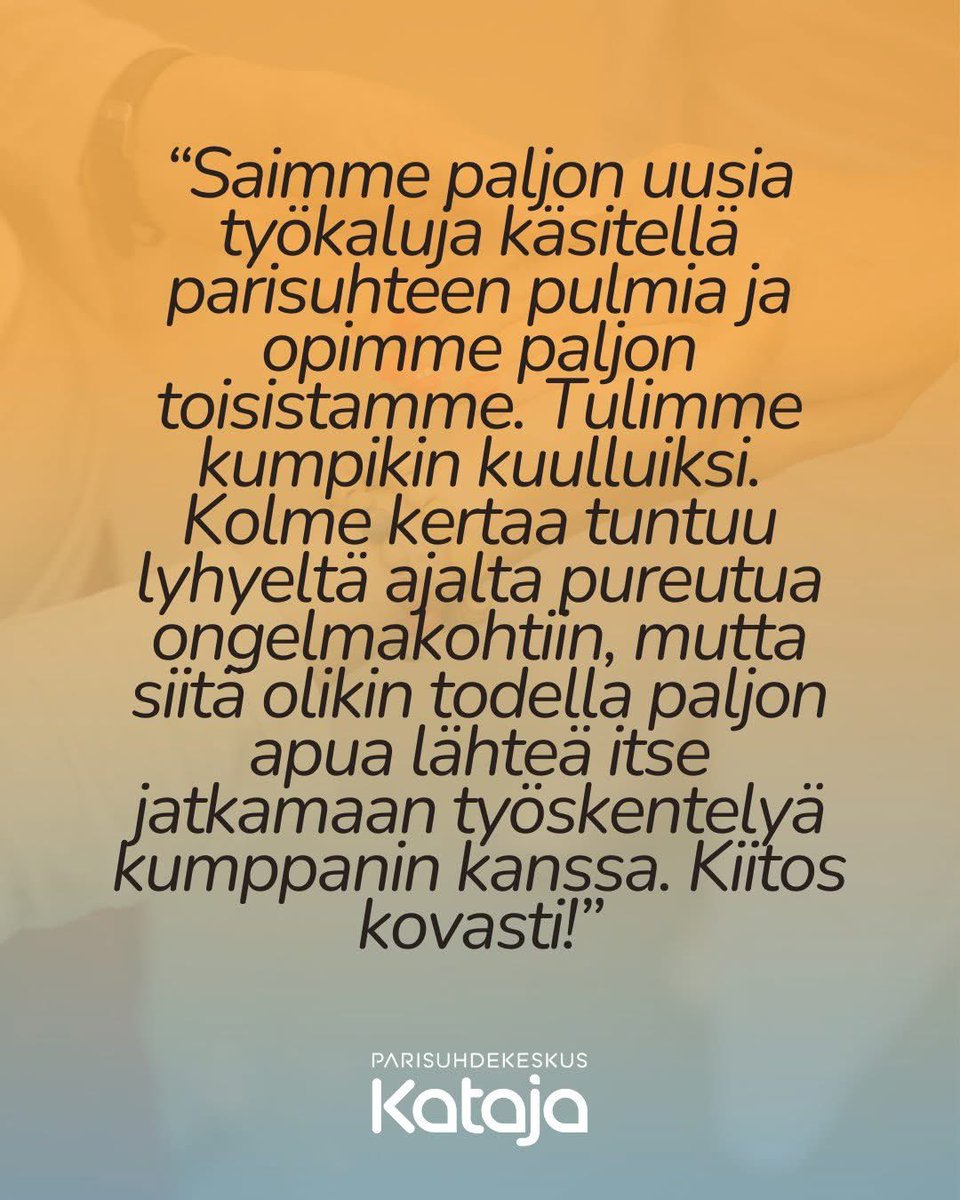 Tänä vuonna Parisuhdekeskus Kataja taroaa vieläkin enemmän maksutonta tukea parisuhteille! Olen iloinen puheenjohtajana tästä palvelun kohdentumisesta tarvitseville. 

🧡 Parivoima -parineuvonta
🧡 Parisuhde voimavaraksi -parineuvonta
🧡 Ajanvarauschat
🧡 Päivystyschat
🧡