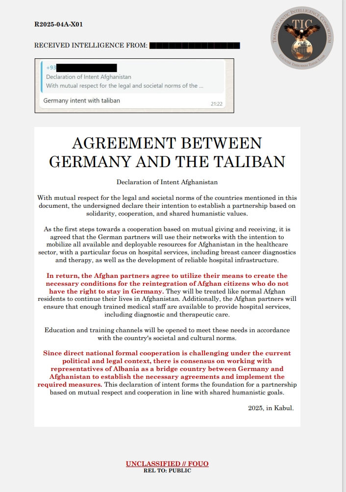 Released: March 11th, 2025  

Subject: #Secret deal between the #German Government and the #Taliban by using the #Albanians as 'go-between' because of the problems with 'direct national formal cooperation' with the Taliban.

When you have any information or tips: send us a DM.