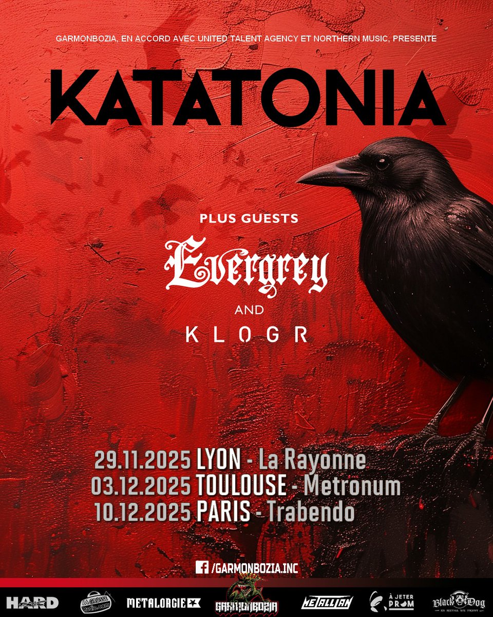 <a href="/KatatoniaBand/">KATATONIA</a> prendront cet hiver la tête d'une tournée épique à travers l'Europe et le Royaume-Uni qui fera escale le 10 décembre au @trabendo_ avec <a href="/EVERGREYSWEDEN/">Evergrey</a> et <a href="/klogrmusic/">klogr</a> !

📅Mise en vente générale le 14 mars à 10h
ℹ️Plus d'informations👉 bit.ly/4ijgAGW