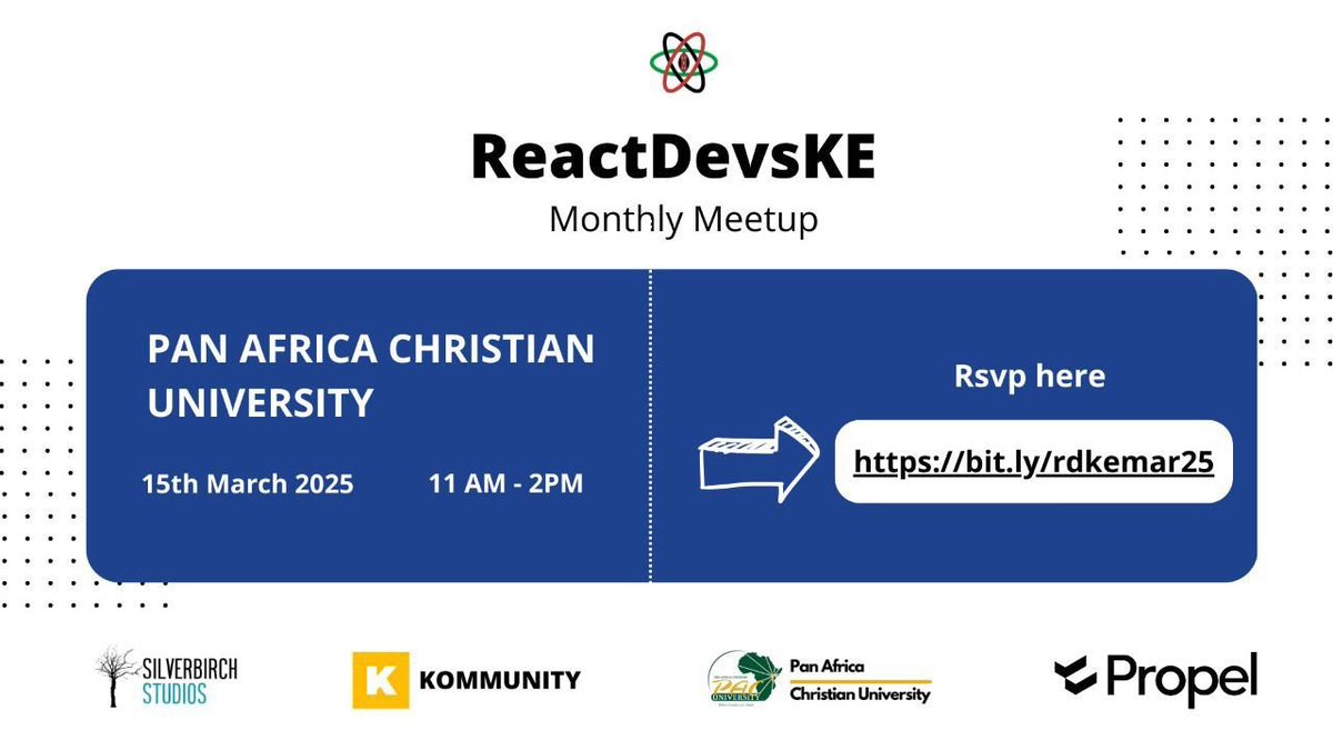 🚀 Join us on March 15th for this month's React Devs Kenya Meetup!

This is a great opportunity to connect with fellow developers, share insights, and learn from each other.

RSVP Here 👇
bit.ly/rdkemar25

#ReactDevsKenya #ReactJS #ReactNative