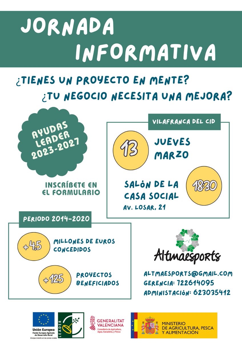 👉 Altmaesports Leader GAL durà a terme una jornada informativa que abordarà les Ajudes LEADER 2023-2027 i les possibilitats que ofereix 

📍 13 de març a les 18.30h en Vilafranca (Saló de la Casa Social)

📝 Inscripcions: docs.google.com/forms/d/e/1FAI…

📲 Més informació al cartell