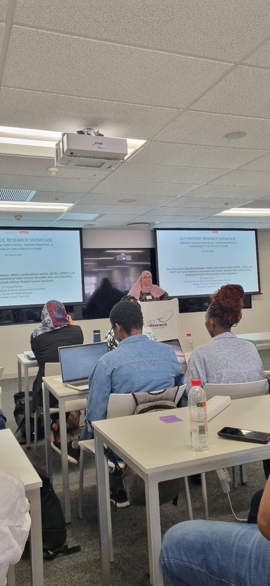 GenMS_UCT's tweet image. Dr Firfirey presented a talk titled "Decoding Opioid Signaling Pathways: Allele combinations within ABCB1, OPRM1 and COMT, are associated with Chronic Shoulder Pain and Disability symptoms in South African Breast Cancer Survivors" at the UCT postdoctoral fellow roadshow.