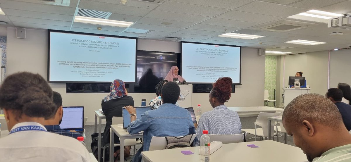 GenMS_UCT's tweet image. Dr Firfirey presented a talk titled "Decoding Opioid Signaling Pathways: Allele combinations within ABCB1, OPRM1 and COMT, are associated with Chronic Shoulder Pain and Disability symptoms in South African Breast Cancer Survivors" at the UCT postdoctoral fellow roadshow.