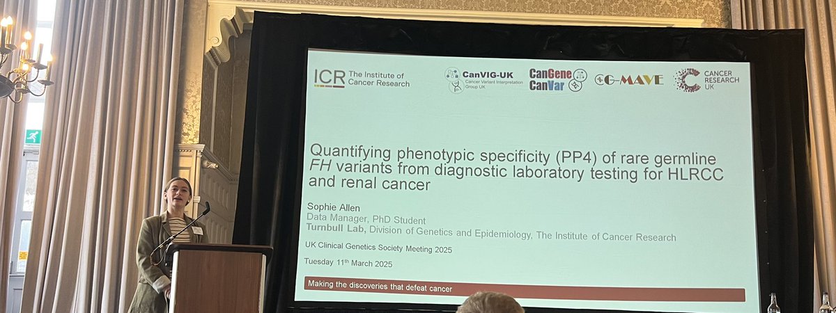 SureshSomarathi's tweet image. Sophie Allen talking about germline FH variants in HLRCC. #CGS2025 @clingensoc