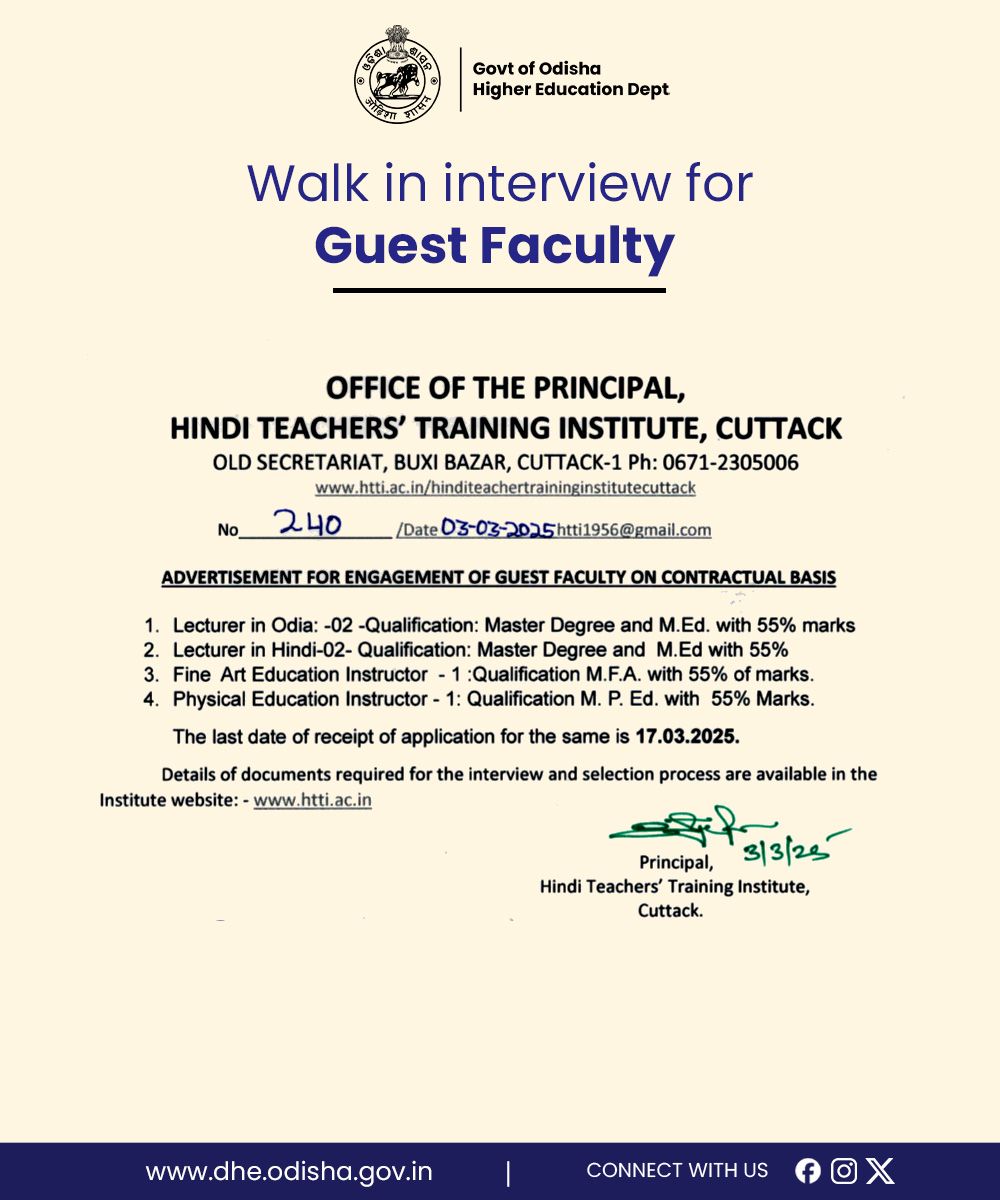 DHE_Odisha's tweet photo. Important Notice: Please find details below for the walk-in interview for guest faculty at the Hindi Teachers' Training Institute, Cuttack.
#HigherEducation #interview #tearcher https://t.co/96t7gHeKP2