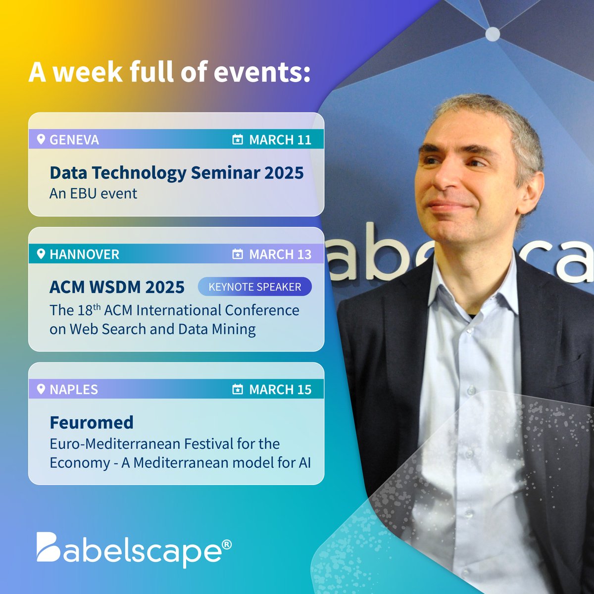 🚀🚀🚀This week, Babelscape’s Scientific Director, Roberto Navigli, will attend:
📍Data Technology Seminar 2025
📍ACM WSDM 2025
📍FEuromed
Excited for key discussions on AI &amp; NLP! Stay tuned for updates. #AI #NLP #WSDM2025 #FEuromed #datatechnologyseminar #Babelscape