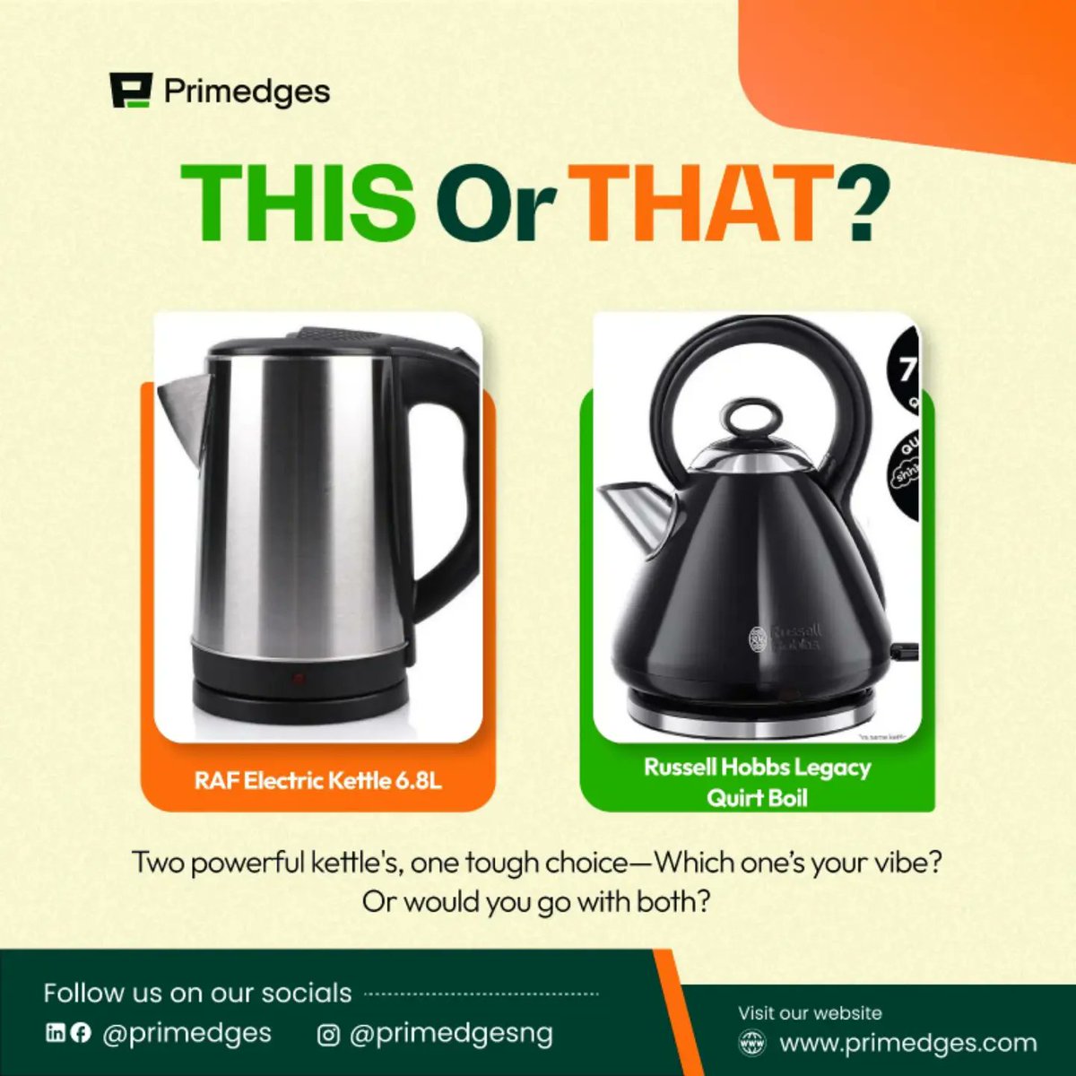 primedges's tweet photo. THIS or THAT? Are you team sleek &amp; modern (RAF Electric Kettle 6.8L) or team classic &amp; stylish (Russell Hobbs Legacy Quiet Boil)?
Let us know your pick in the comments! Or would you rather have both?

#KitchenEssentials #Primedges #ThisOrThat #ElectricKettle https://t.co/lKqLo3j4GF
