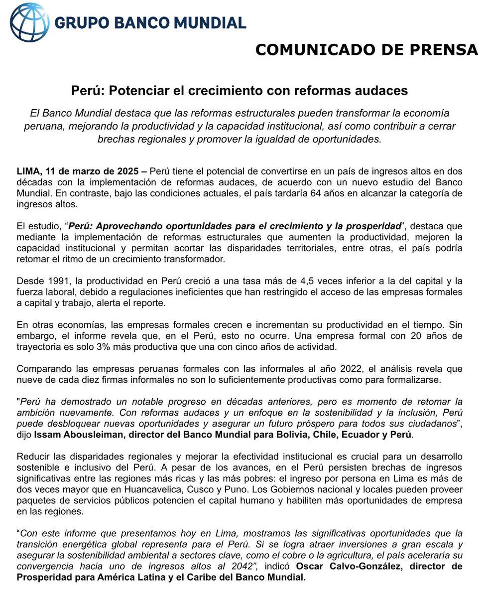 El Banco Mundial estima que necesitaremos 64 años para llegar a la categoría de país con ingresos altos.