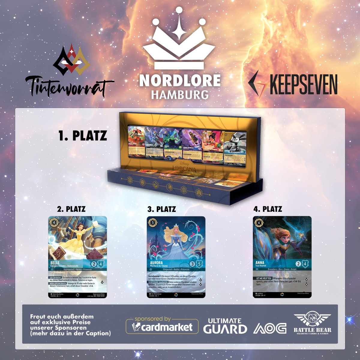 DinhKhangPham's tweet photo. 🇬🇧After the great success last year, the Nordlore is back! On May 24th, 2025, our non-profit Lorcana tournament will take place in Hamburg for the second time – bigger, more exciting, and with amazing support from Keepseven!
Event details: 
🏆 Tournament: Lorcana Constructed with 128 players, 2-game format, followed by Top 8 Bo3 
📅 Date: May 24th, 2025 
⏰ Doors open: 8:00 AM Start: 9:00 AM 
📍 Location: Friesenweg 5b, 22763 Hamburg 
🎟️ Ticket price: €30 (Non-Profit)
Look forward to a day full of exciting matches, great community atmosphere, and fantastic prizes. 

Whether you're fighting for victory or just having fun – Nordlore is the event for all Lorcana fans!
🔹 Tickets are available now via Keepseven! https://t.co/3NID9L6V4x

🇩🇪Nach dem großen Erfolg im letzten Jahr kehrt die Nordlore zurück! Am 24.05.2025 findet in Hamburg zum zweiten Mal unser Non-Profit Lorcana-Turnier statt – größer, spannender und mit großartigem Support von Keepseven!

Veranstaltungsdetails: 
🏆 Turnier: Lorcana Constructed mit 128 Spielern, 2-Game-Format, anschließende Top 8 Bo3
📅 Datum: 24.05.2025
⏰Einlass: ab 8:00 Uhr
  Beginn: 9:00 Uhr
📍 Ort: Friesenweg 5b, 22763 Hamburg 
🎟️ Ticketpreis: 30 € (Non-Profit)

Freut euch auf einen Tag voller spannender Matches, toller Community-Atmosphäre und großartiger Preise. 
Egal, ob ihr um den Sieg kämpft oder einfach nur Spaß haben wollt – die Nordlore ist das Event für alle Lorcana-Fans!

🔹 Tickets sind ab sofort via Keepseven verfügbar!  https://t.co/3NID9L6V4x

Preise: 
Platz 1: Nordlore Pokal, 1x D23 Box, 1x Display Archazias Insel, 1xFree Grading AOG, 1x Arkhive Ultimate Guard + Katana Sleeves
Platz 2: 1x Display Archazias Insel, 1xFree Grading AOG, 1x Ench “Belle” Set 1 DE, Deckbox Ultimate Guard + Katana Sleeves
Platz 3: 1x Display Archazias Insel, 1xFree Grading AOG, 1x Enchanted “Aurora” Set 1 DE, Deckbox Ultimate Guard + Katana Sleeves
Platz 4: 1x Display Archazias Insel, Enchanted “Anna” Set 4 DE, Deckbox Ultimate Guard + Katana Sleeves