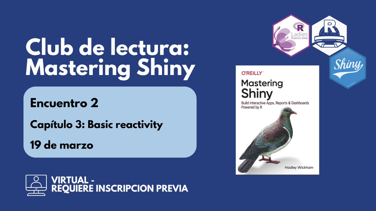 R-Ladies BuenosAires (@rladiesba) on Twitter photo Se viene el 2do encuentro del Club de lectura: Mastering Shiny!!!! Charlaremos sobre Reactividad básica! Uno de los pilares para el manejo de Shiny!🚀
Organizan <a href="/renbaires/">R en Buenos Aires</a> & RLadiesBA
📅 Mie 19/3 - 18:30 a 20:00hs UTC-3
👉Inscripción: meetup.com/rladies-buenos…
Nos vemos!
VIRTUAL Se viene el 2do encuentro del Club de lectura: Mastering Shiny!!!! Charlaremos sobre Reactividad básica! Uno de los pilares para el manejo de Shiny!🚀
Organizan <a href="/renbaires/">R en Buenos Aires</a> & RLadiesBA
📅 Mie 19/3 - 18:30 a 20:00hs UTC-3
👉Inscripción: meetup.com/rladies-buenos…
Nos vemos!
VIRTUAL