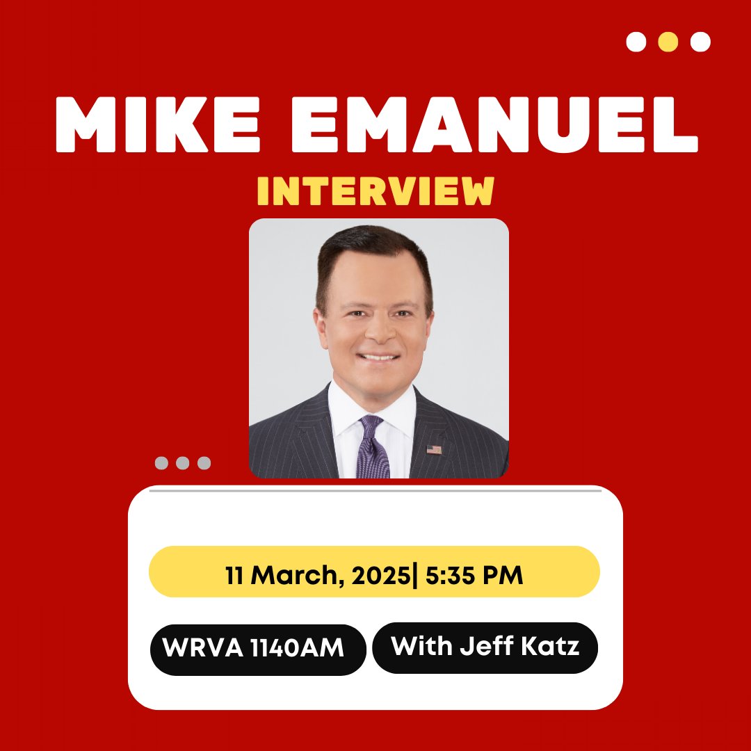 Don't miss the Jeff Katz Show today at 5:35 PM on WRVA 1140AM for an exclusive interview with Mike Emanuel! 📻✨ See him at The Virginia Forum on March 20th, 7 PM, at The Glen Allen Cultural Arts Center. Mark your calendars! 🗓️🙌 #TheVirginiaForum #MikeEmanuel #JeffKatzShow