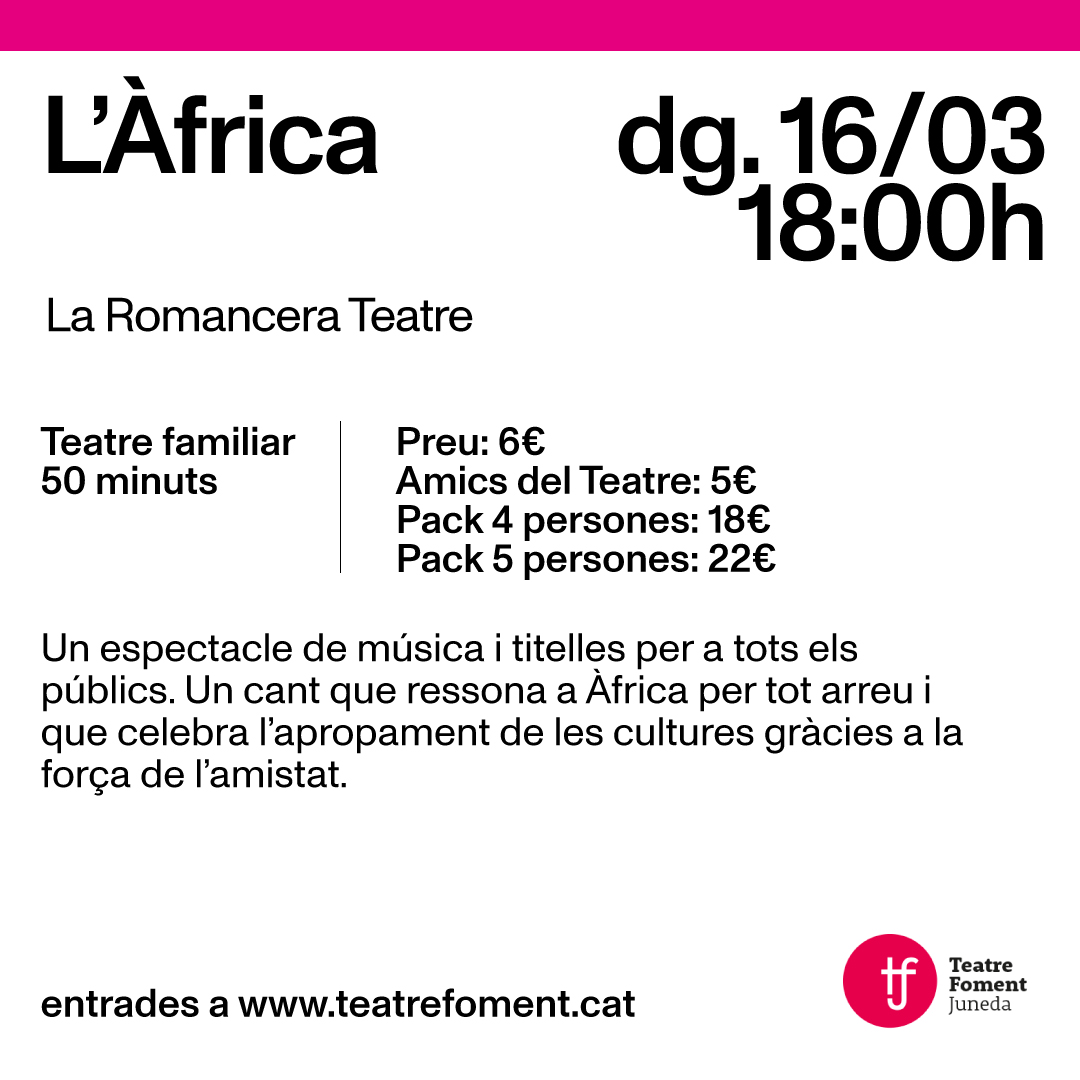 Les titelles tornen al Foment!🧸

I ho fan arrossegant els ritmes més atractius del continent africà, en l'espectacle per a tots els públics "L'Àfrica", del qual en gaudirem el proper diumenge 16 de març a les 18h.🌍