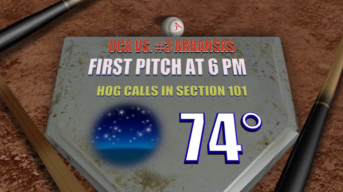 arkansasroadhog's tweet photo. Baum-Walker Stadium, Section 101 forecast by @RugsWX for tonight’s ballgame between @RazorbackBSB vs @UCABearBaseball! 1st pitch at 6:00.
#GoHogsBeatBears! 🐗⚾️ https://t.co/d22qVcZ9sU