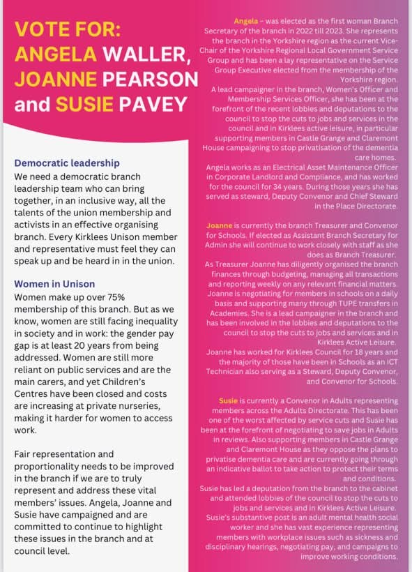 HuddsSP's tweet image. Socialist Party member Angela Waller is standing in the re-run Kirklees Unison branch elections which opened on Friday