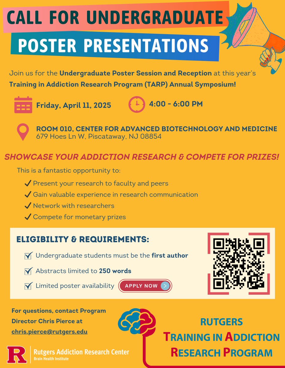 RutgersARC's tweet image. Call for Undergraduate Poster Presentations – TARP Symposium (April 11, 2025) 🔹 Space is limited—apply now! 🔗 loom.ly/gmexsuY

#TARP #UndergraduateResearch #AddictionScience #RutgersResearch