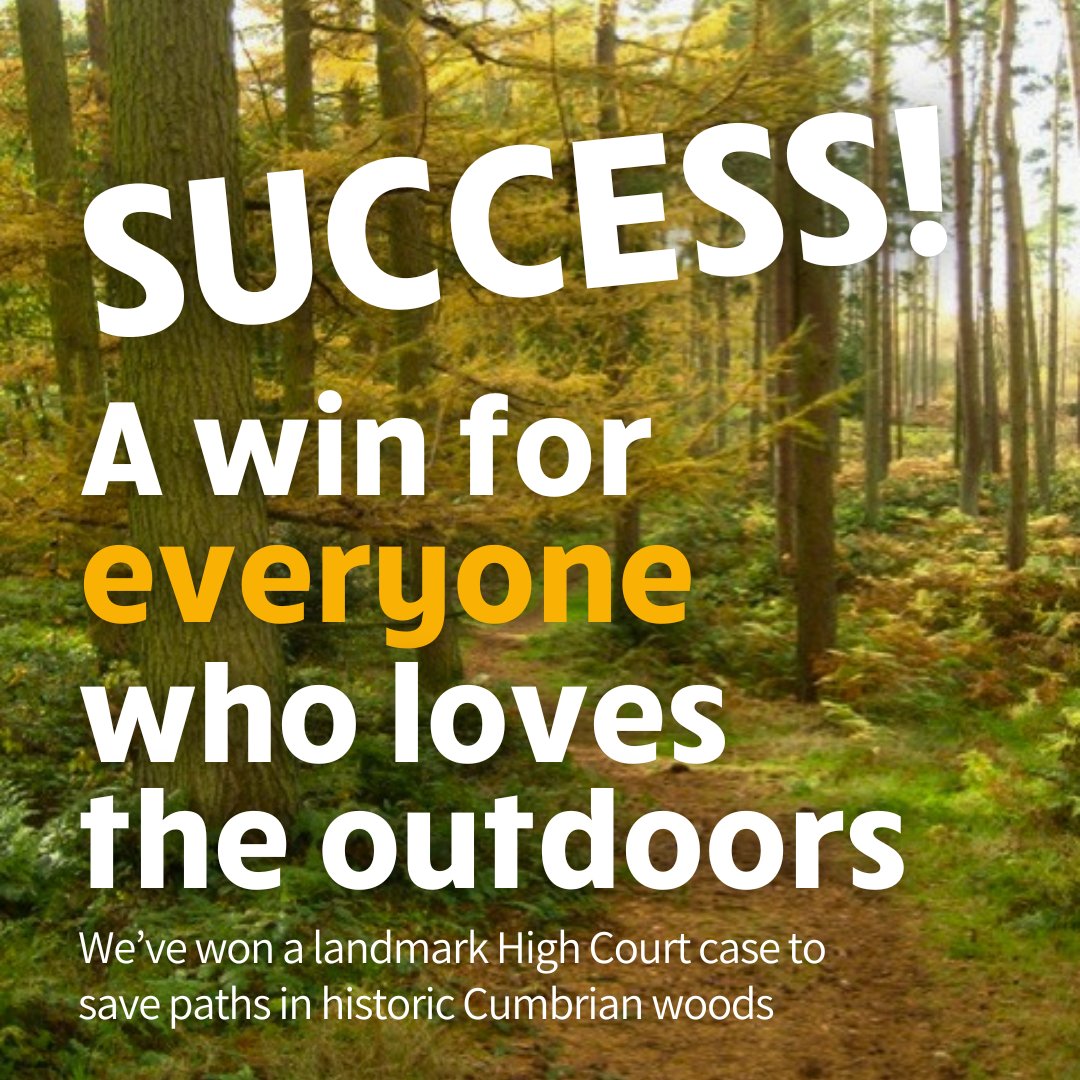 WE WON 🥾✊🌳

The Ramblers has won a long-running legal battle against landowner Roxlena Ltd, bringing much-loved Cumbrian paths in Hayton Woods a step closer to being protected for future generations!

Today, the High Court judge ruled in our favour in this landmark case...🧵