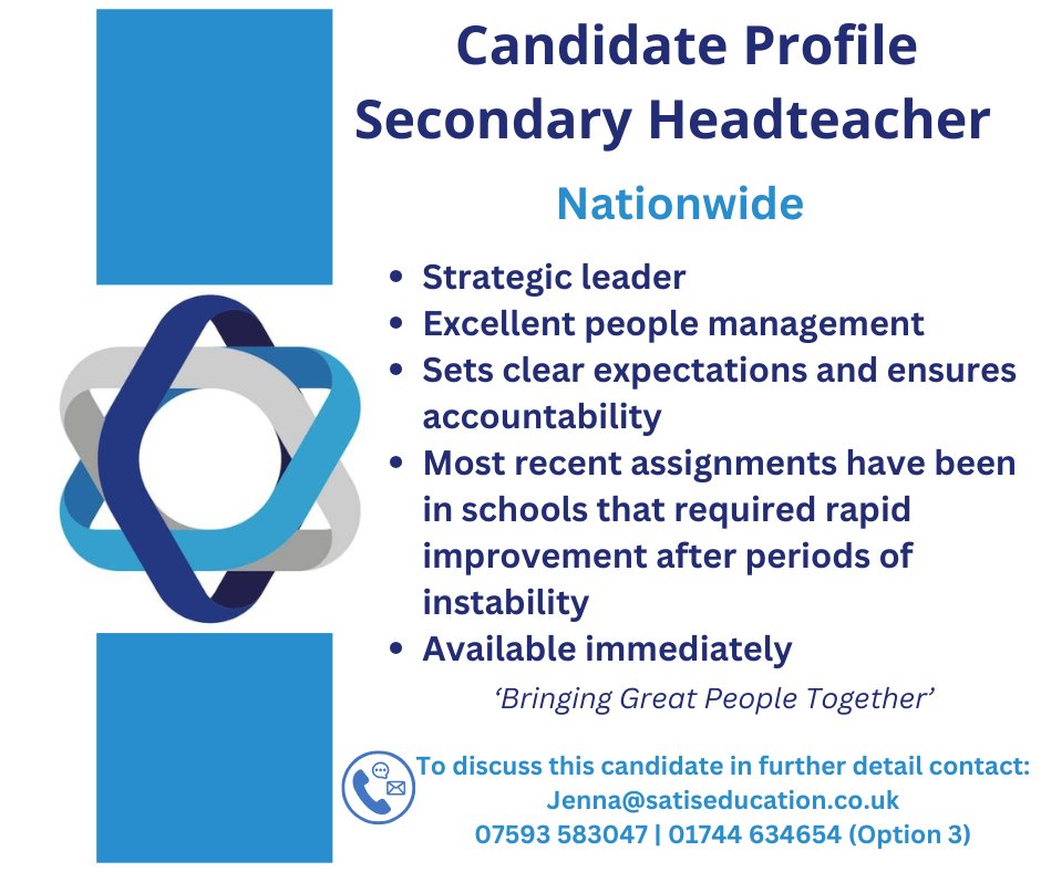 Jenna Everett- Satis Education (@jenna_satis) on Twitter photo Candidates of this calibre to not stay available for long!
Contact me directly if your school and/or trust require leadership capacity.
📲Jenna@satiseducation.co.uk | 01744 634654
<a href="/SatisEducation/">Satis Education</a>
#BringingGreatPeopleTogether Candidates of this calibre to not stay available for long!
Contact me directly if your school and/or trust require leadership capacity.
📲Jenna@satiseducation.co.uk | 01744 634654
<a href="/SatisEducation/">Satis Education</a>
#BringingGreatPeopleTogether