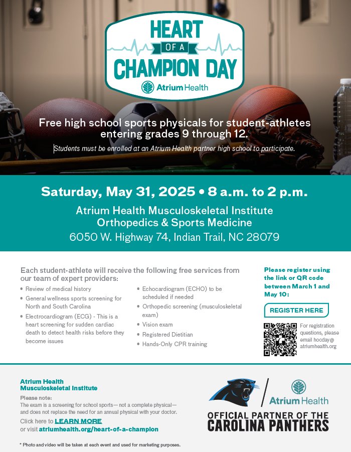 Registration is now open for Atrium's Heart of a Champion free high school sports physicals for all rising 9-12th graders.  Click on link below! <a href="/aghoulihan/">Andrew G. Houlihan</a> <a href="/ucps/">上流摄会</a> 
heartofachampiondayreg.org/Union.aspx