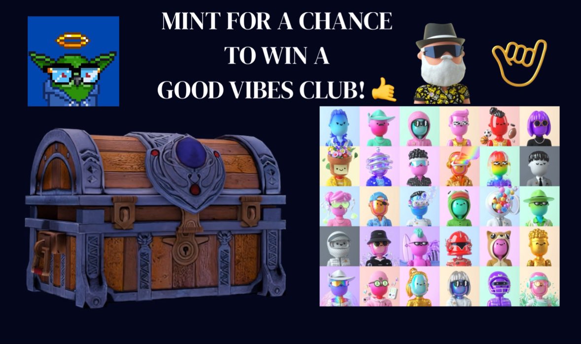 Today is MINT day for our friends at @GoodVibesssClub and we’re STOKED! There is still a GVC to be won in Moon Gobs chests after minting! Only 6.9 APE and tons of other prizes! <a href="/DrewBarman/">DrewBarman (🥃)</a> love that stellar honorary 🥃😎