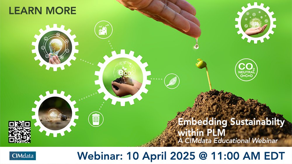 CIMdata is hosting a free webinar on embedding sustainability within PLM on April 10th. Discover how to integrate sustainability into your #PLM strategy, lower PCFs &amp; enhance supply chain transparency.  Register at conta.cc/3QVLSrs #Sustainability #CircularEconomy