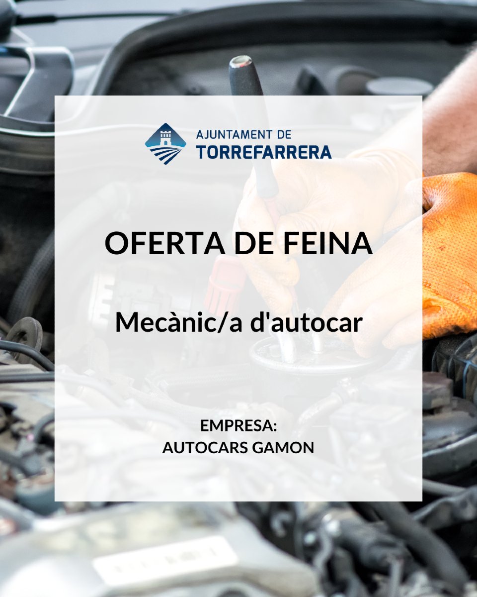📣 OFERTA DE FEINA!
🔧 Mecànic/a d'autocar
🏠 Autocars Gamon
🏙️ Torrefarrera
👱 Vacants: 1
✔️ Disponibilitat immediata
🕐 Jornada laboral: completa
📧 rrhh@autocarsgamon.com
☎️ 973750090
🔗 treball.torrefarrera.cat

#torrefarrera #ofertalaboral