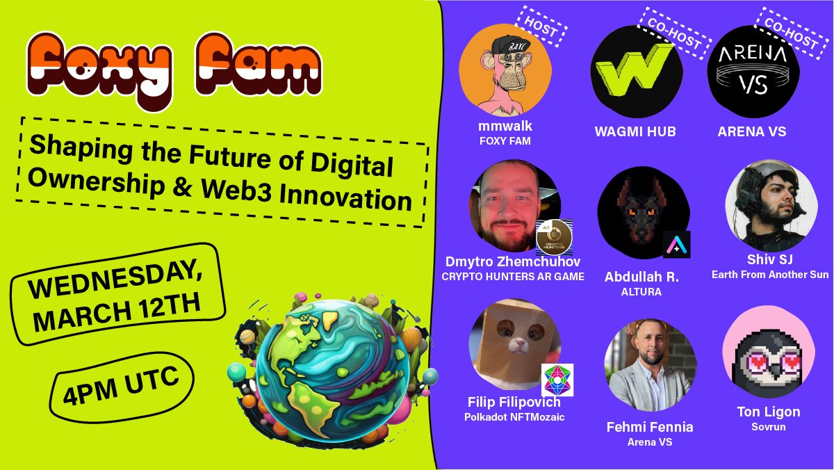 foxyfam_'s tweet image. 🎙 FoxyFam – Shaping the Future of Digital Ownership & Web3 Innovation
🗓 Date: Wednesday, March 12th, 2025
⏰ Time: 4pm UTC / 12pm EST
📍 Join: 
😄 Guest List: 
1. @crhgame 
2. @altura 
3. @PlayEFAS 
4. @nftmozaic 
5. @SovrunOfficial / @TonOnchain 
6.…