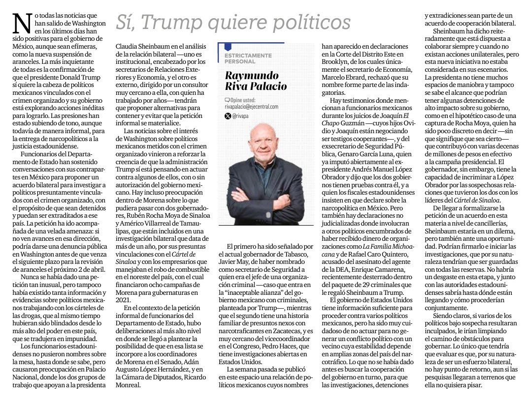 ¡Escándalo!EU ha propuesto a Méx un acuerdo bilateral para investigar a políticos vinculados con el CO y en su caso detenerlos y extraditarlos. La petición viene con una velada amenaza: si no hay avances,habría una denuncia pública en Washington antes del 2/abril
<a href="/rivapa_oficial/">@rivapa_oficial</a>