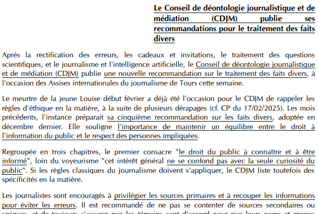 #AujourdhuiDansLaCorres Le Conseil de déontologie journalistique et de médiation (CDJM) publie ses recommandations pour le traitement des faits divers. #Médias